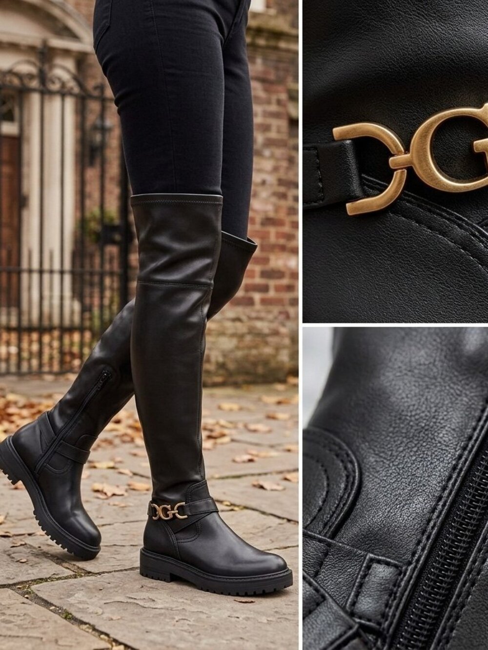 GUESS Women's Jellio Over The Knee Lug Sole Ornament Strap Narrow Calf Boots NEW